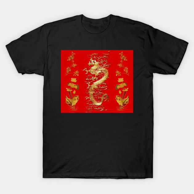 GOLD DRAGON IN RED,Egret,Lotus,Green Gold Floral T-Shirt by BulganLumini